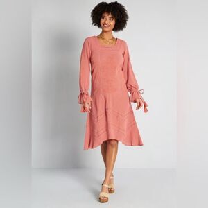 Modcloth Frock & Frill Elegant Wanderer Cotton Midi Dress Embroidered Coral 8
